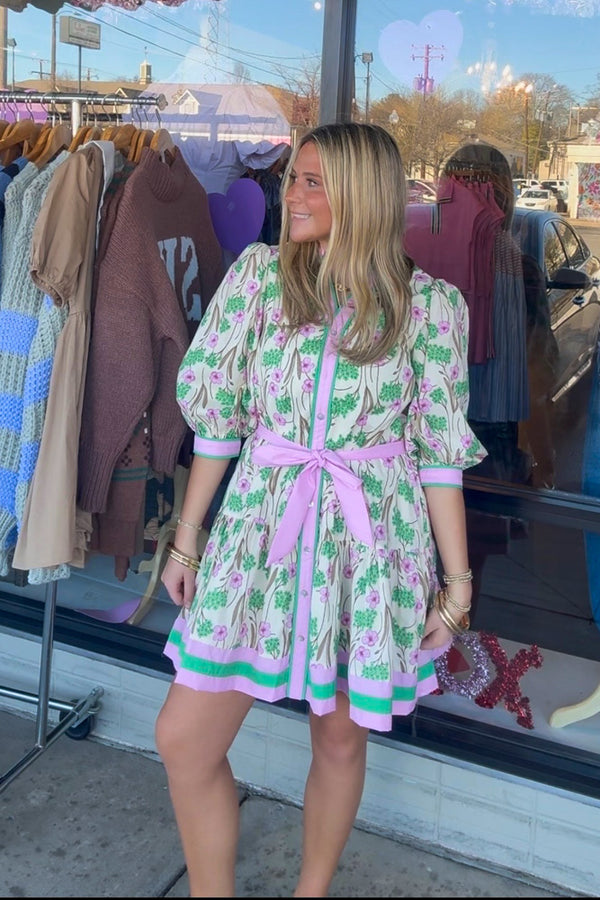 Pink and Green Entro Floral Belted Dress