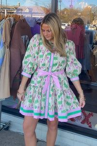 Pink and Green Entro Floral Belted Dress Simply Dixie