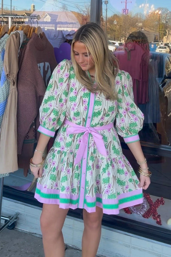 Pink and Green Entro Floral Belted Dress Simply Dixie