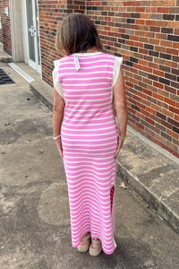 Entro Clothing Pink And White Striped Maxi Dress Back