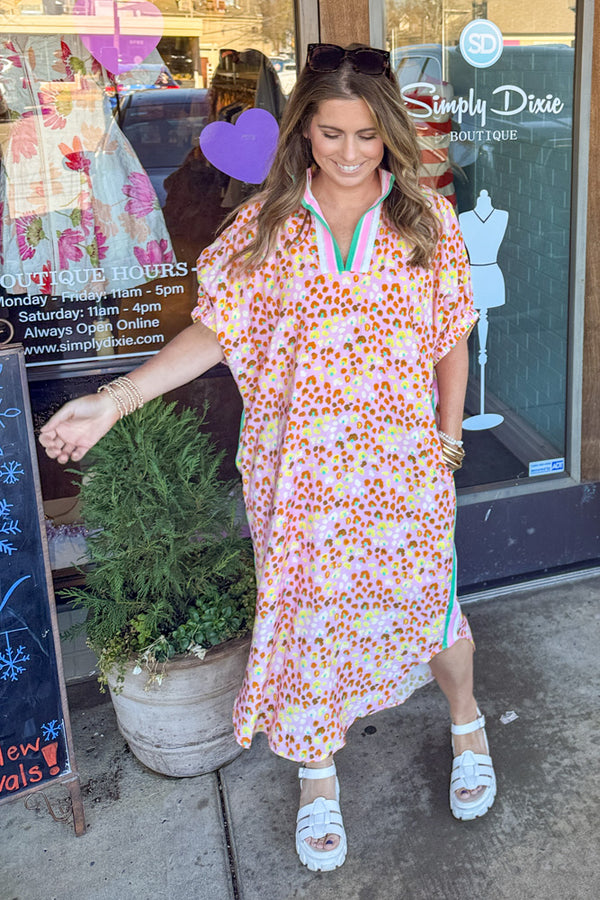 Entro Coral Animal Print Dolman Sleeve Maxi Dress