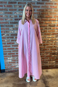 Entro Pink Gingham Button Front Maxi Dress