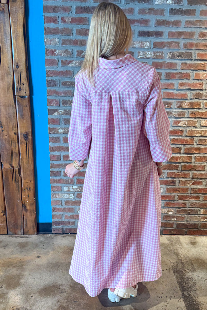 Entro Pink Gingham Button Front Maxi Dress Back