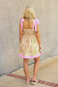 Vacay Print Gingham Trimmed Dress-Peach