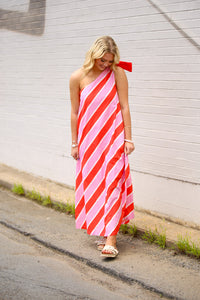 Bold Stripes One Shoulder Midi Dress-Pink/Orange