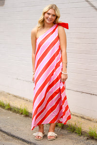 Bold Stripes One Shoulder Midi Dress-Pink/Orange