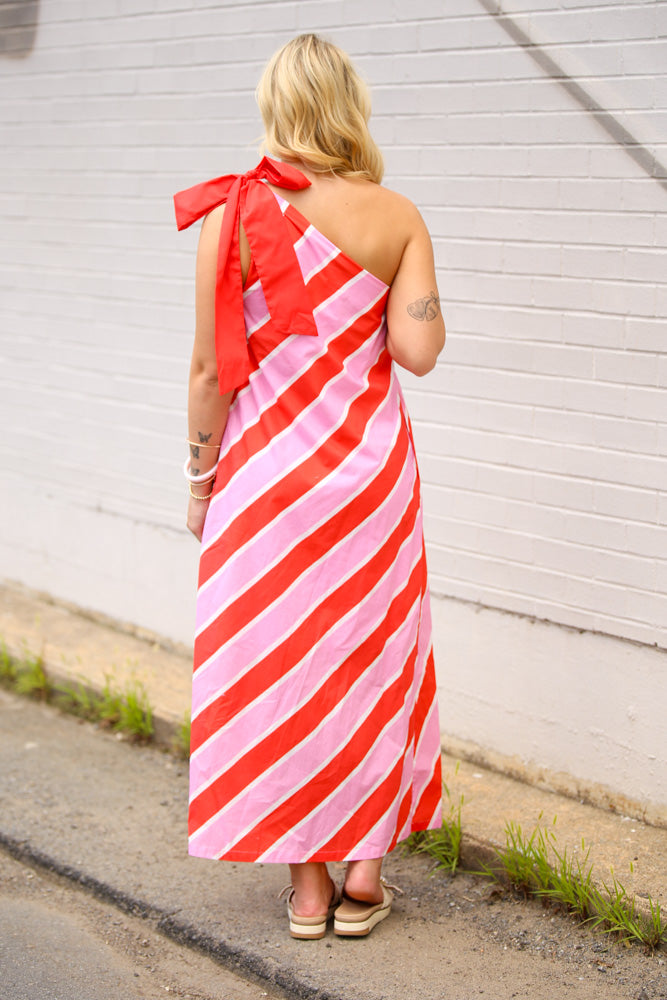 Bold Stripes One Shoulder Midi Dress-Pink/Orange