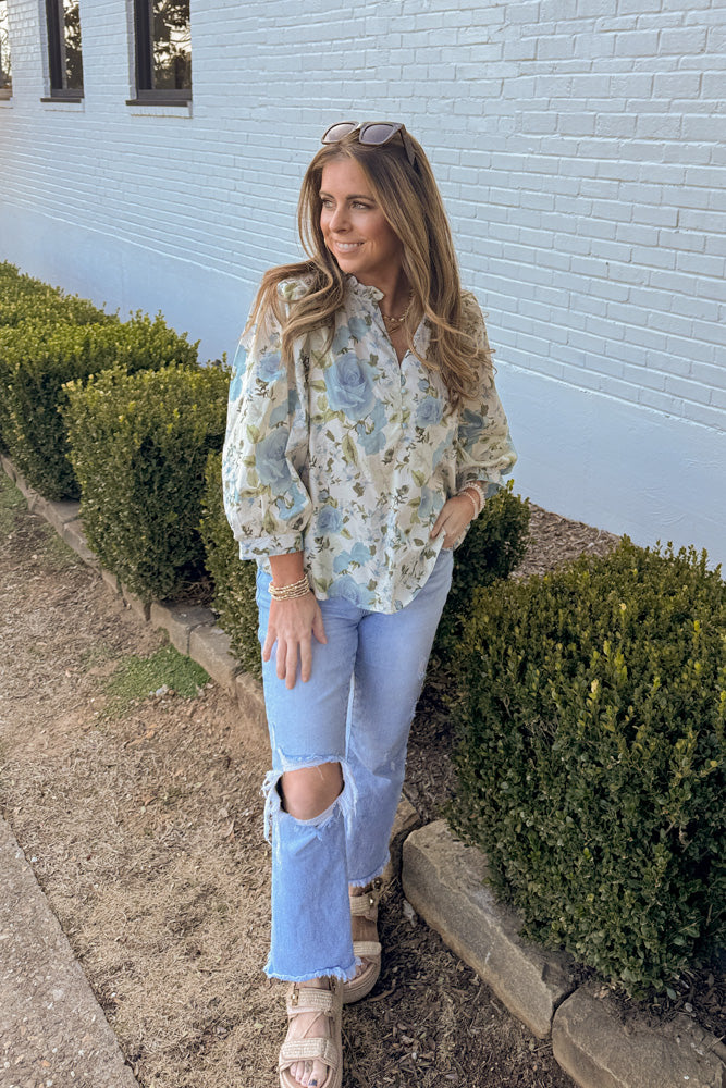Entro Blue and Green Floral 3/4 Sleeve Top