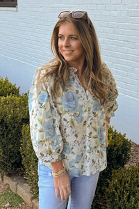 Entro Blue and Green Floral 3/4 Sleeve Top | Simply Dixie