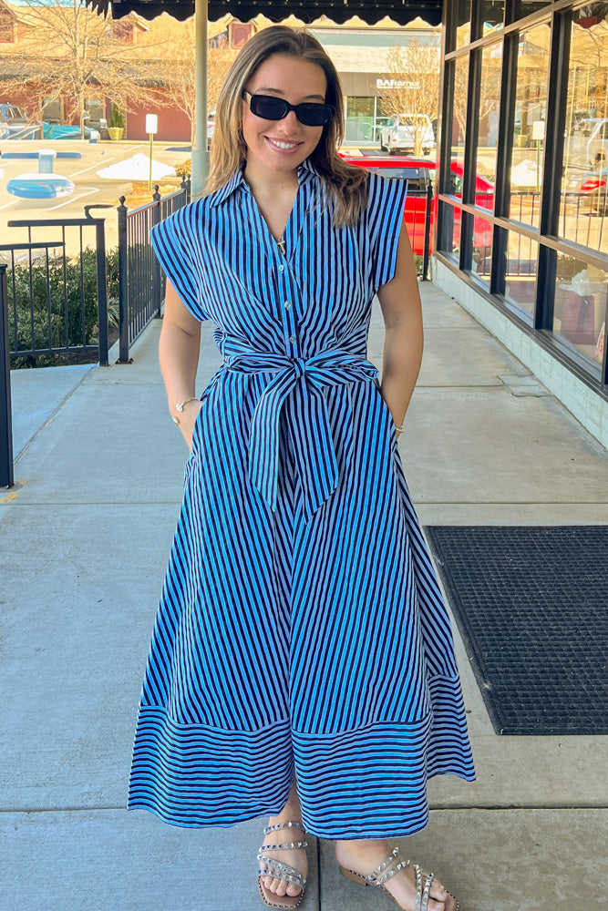 Entro Blue Striped Midi Dress With Bow Tie