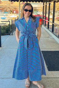 Entro Blue Striped Midi Dress With Bow Tie