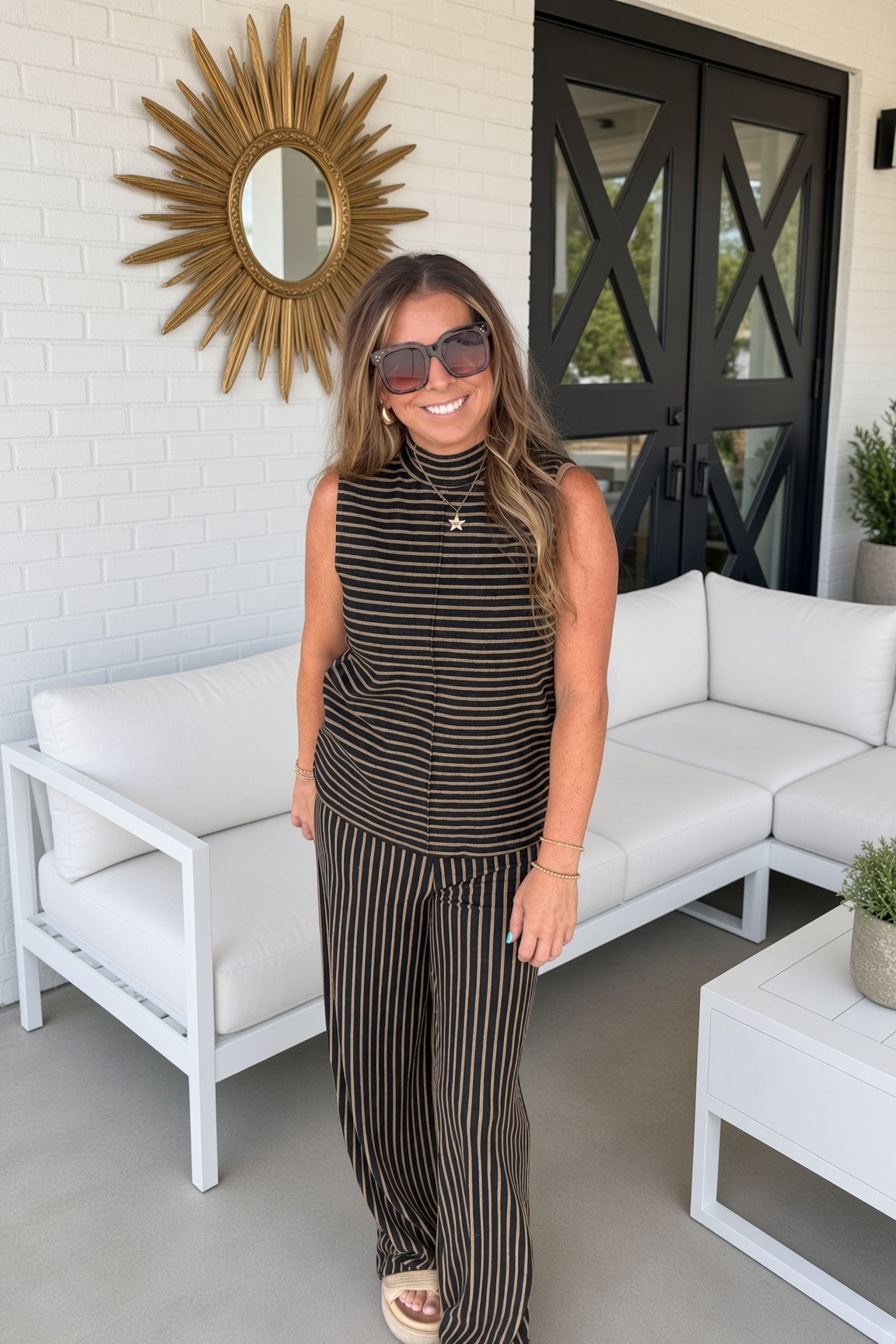 Entro Striped Pants Set Mocha Black