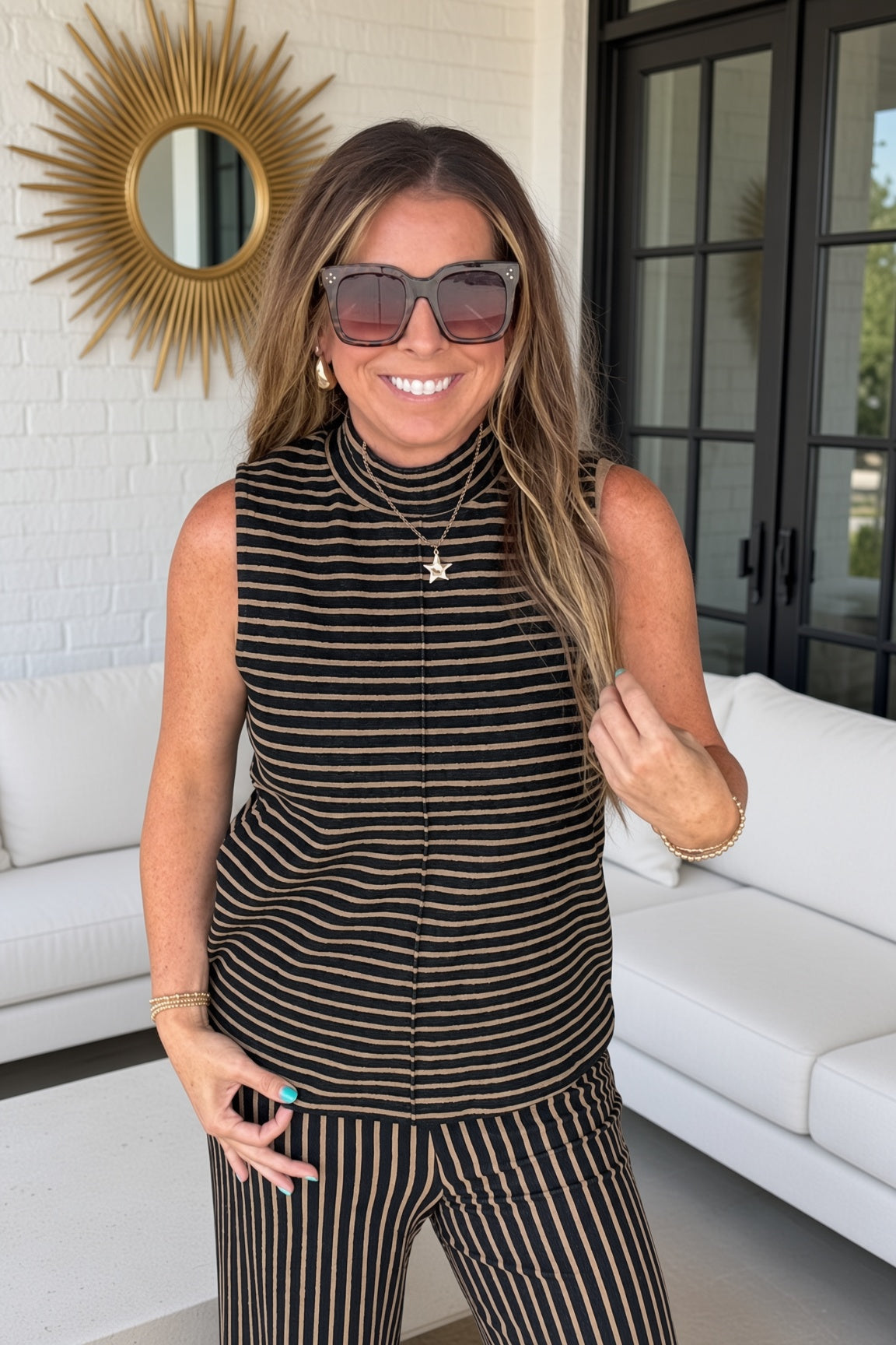 Entro Striped Pants Set Mocha Black Sleeveless