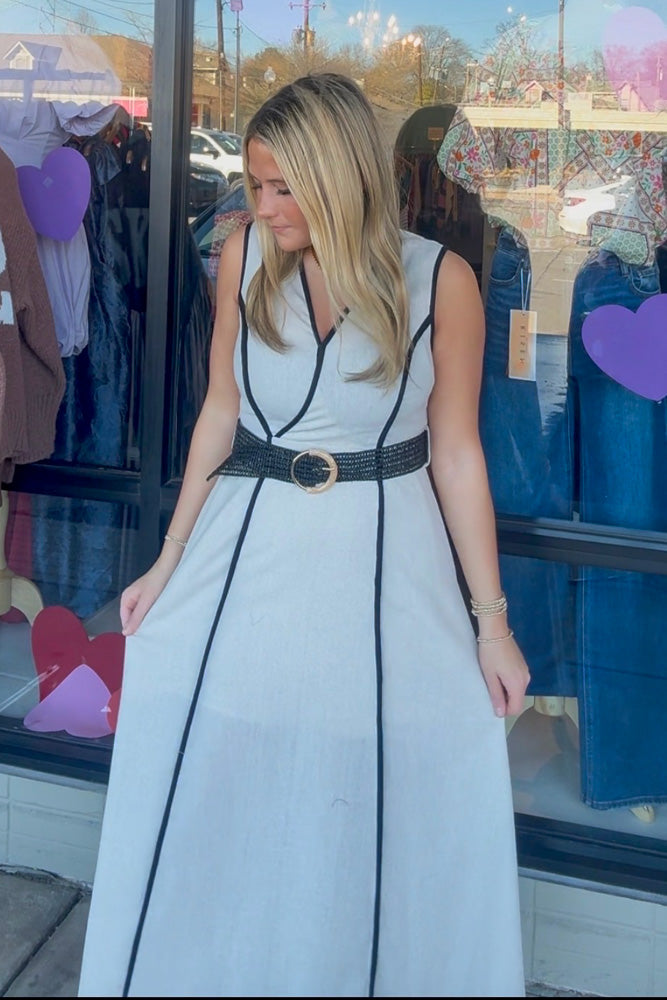 She's All Business Belted Midi Dress-Natural - Simply Dixie Boutique