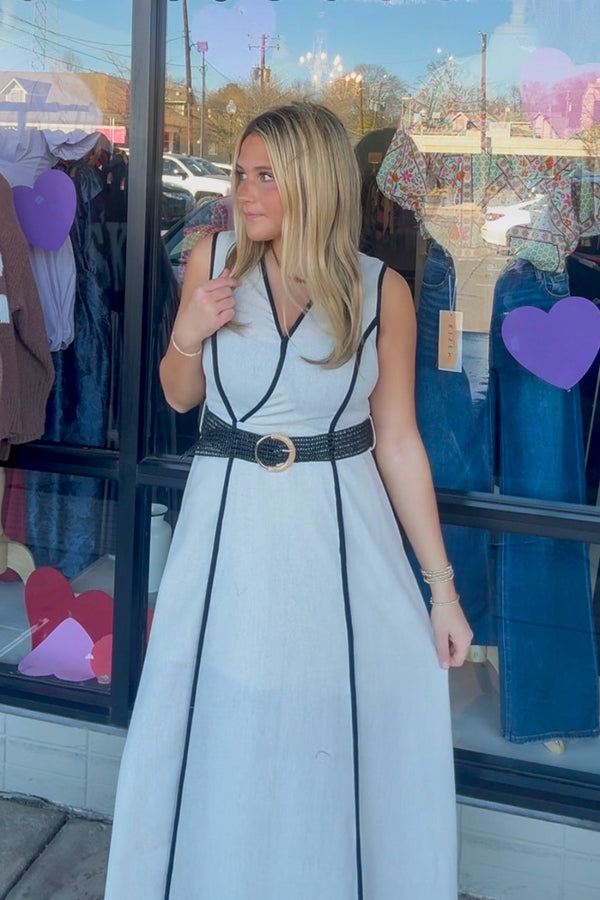 She's All Business Belted Midi Dress-Natural - Simply Dixie Boutique