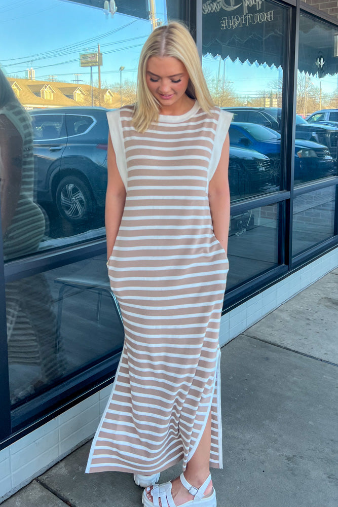 Entro Brown & White Striped Sleeveless Midi Dress-Simply Dixie Boutique Large