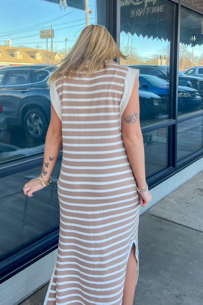 Entro Brown & White Striped Sleeveless Midi Dress-Simply Dixie Boutique Large Entro Brown & White Striped Sleeveless Midi Dress-Simply Dixie Boutique Large