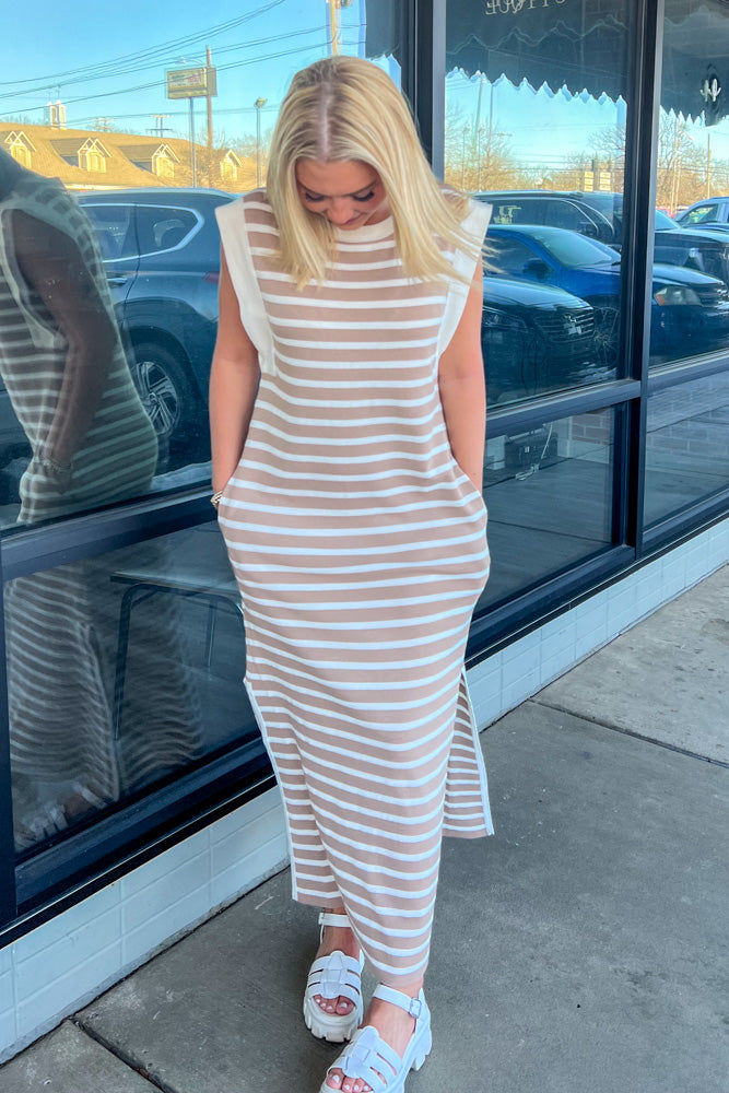 Entro Brown & White Striped Sleeveless Midi Dress-Simply Dixie Boutique Large