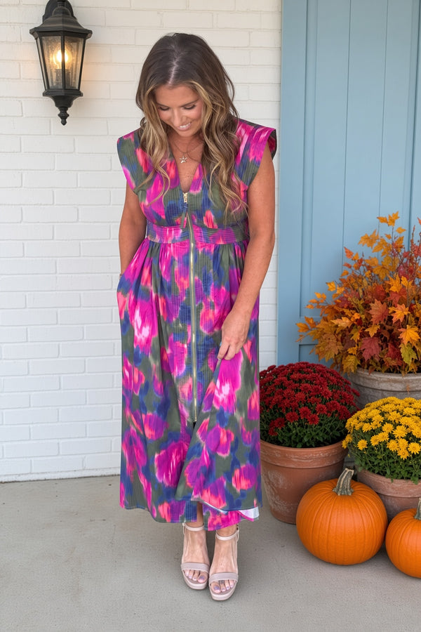 Entro Watercolor Zip Front Midi Dress