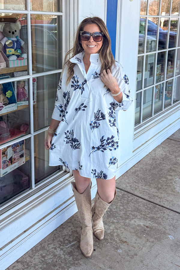 Entro White Shift Dress With Navy Flowers