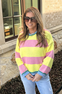 Entro Yellow and Pink Striped Sweater With Blue Trim