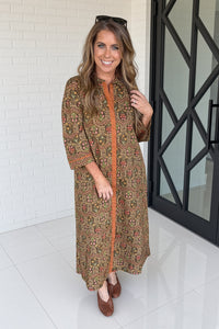 Jodifl fall maxi dress with geometric floral print front view