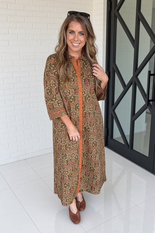 Jodifl fall maxi dress with geometric floral print front view