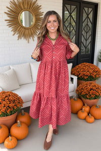 Harvest Harmony Geometric Print Maxi Dress-Rust - Simply Dixie Boutique