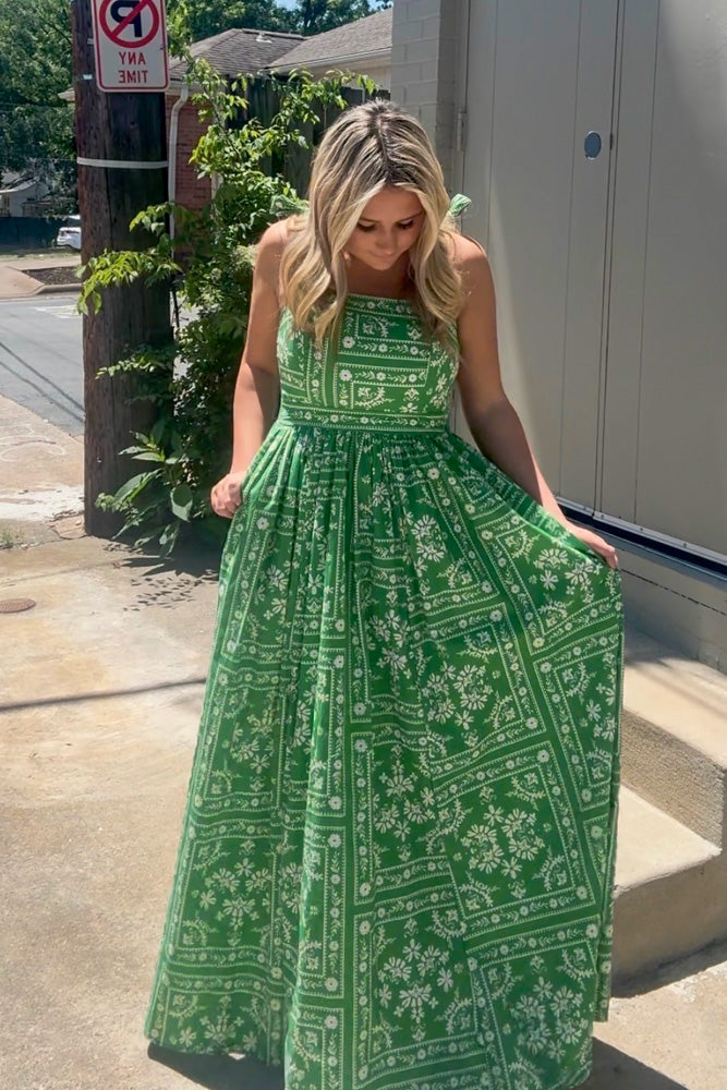 Green Bandana Print Maxi Dress Tie Top