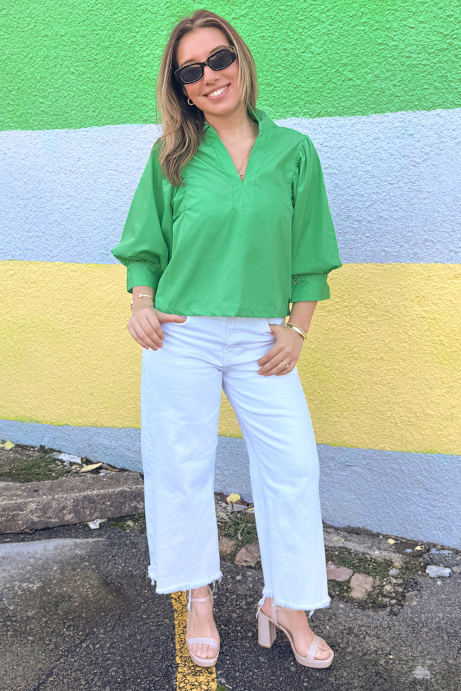 Green Poplin V-Neck Top Entro