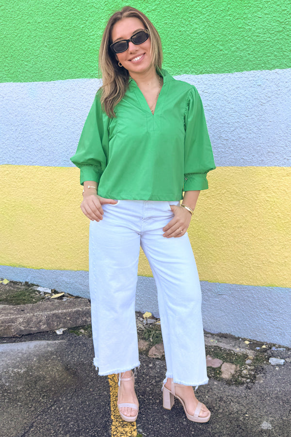 Green Poplin V-Neck Top Entro