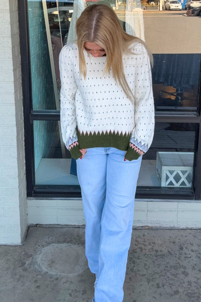 Geometric Knit Sweater-Ivory/Olive
