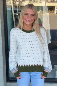 SALE-Geometric Knit Sweater-Ivory/Olive