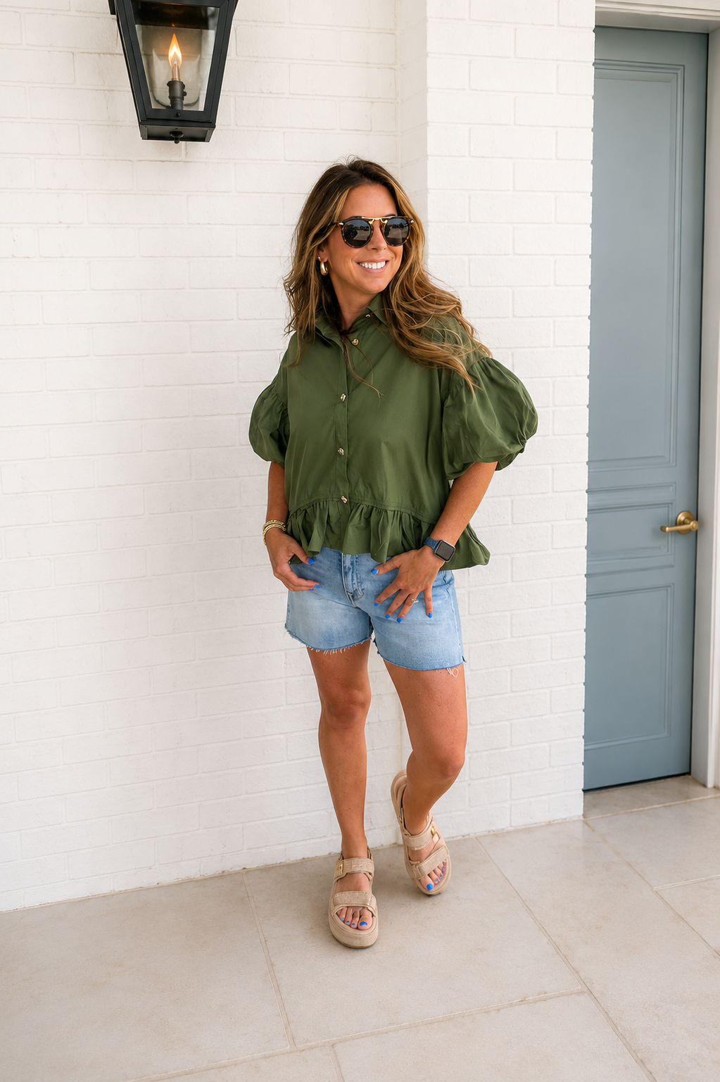 Entro Gold Button Front Ruffle Top