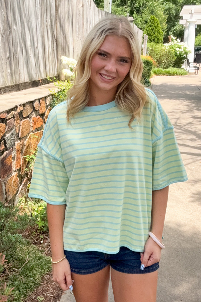 Striped Relaxed Fit Knit Tee-Mint/Blue