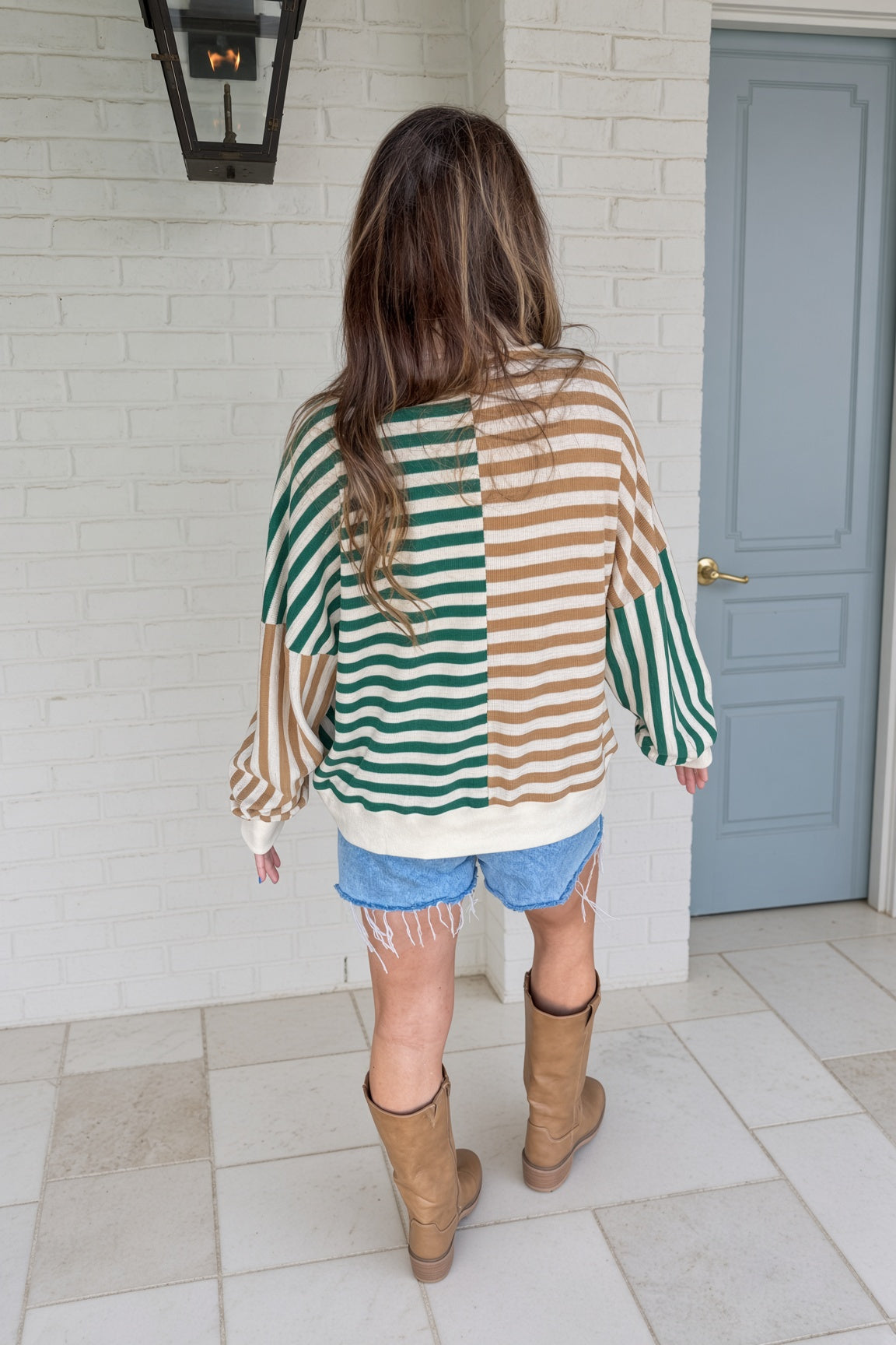 Green and Tan Striped Top Half Zip Pullover back