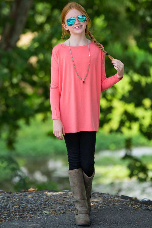 SALE-The Perfect Kids Long Sleeve Piko Top-Peach Echo