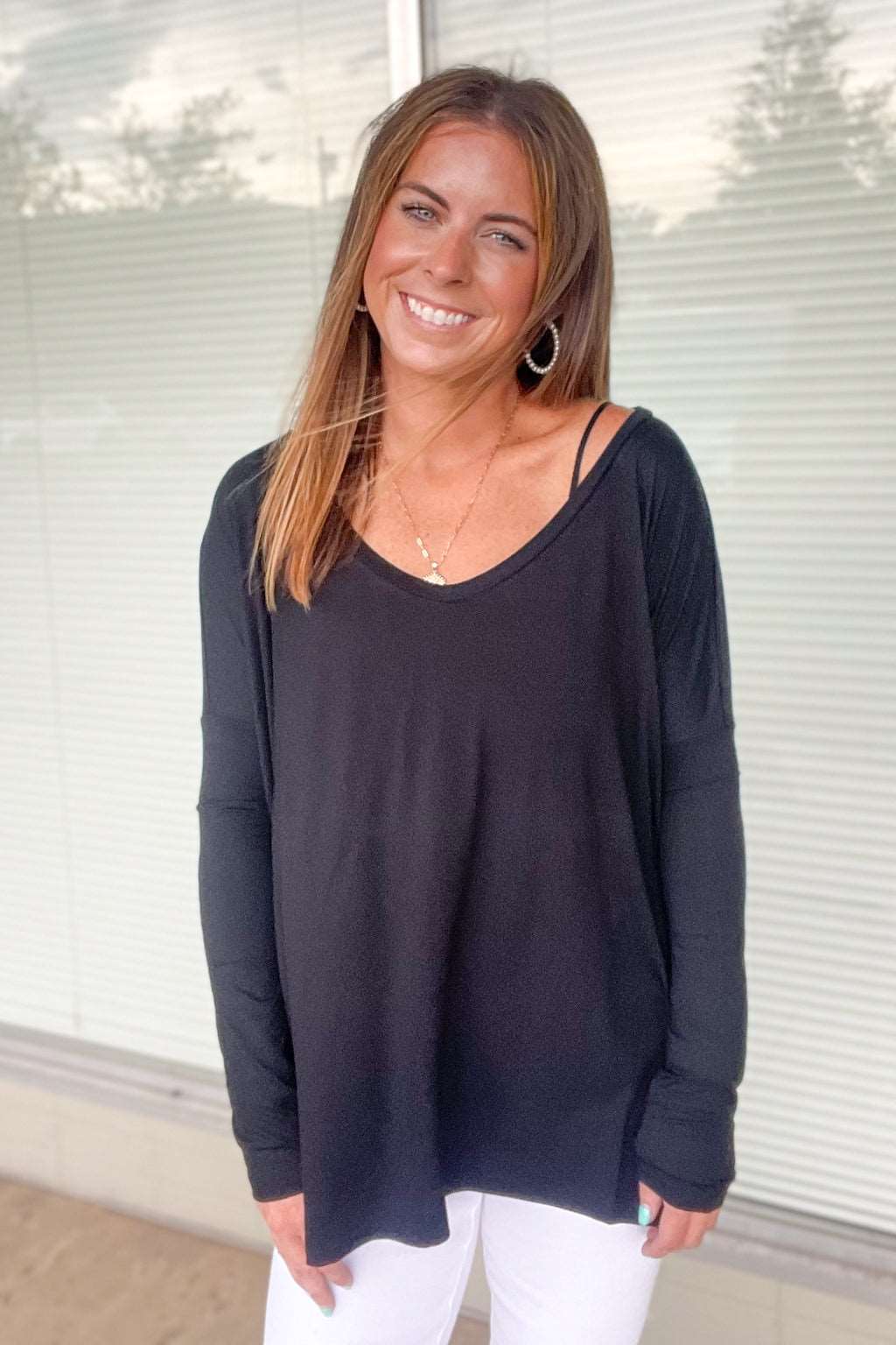 Piko Scoop Neck Long Sleeve Top-Black