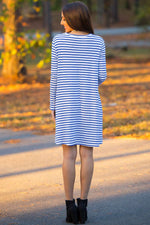 SALE-The Perfect Piko Long Sleeve Tiny Stripe Swing Dress-White/Royal
