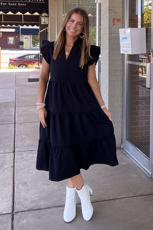 Entro Black Ruffle Sleeve Midi Dress