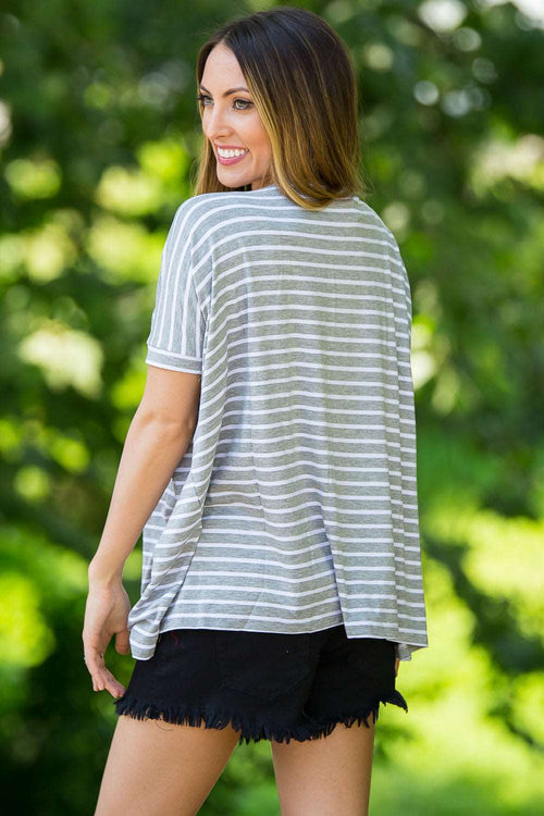 SALE-The Perfect Piko Short Sleeve Tiny Stripe Top-Heather/White