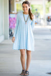 SALE-The Perfect Piko Long Sleeve Tiny Stripe Swing Dress-White/Baby Blue