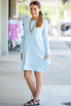 SALE-The Perfect Piko Long Sleeve Tiny Stripe Swing Dress-White/Baby Blue