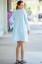 SALE-The Perfect Piko Long Sleeve Tiny Stripe Swing Dress-White/Baby Blue