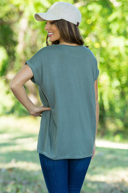 Perfect Piko Rolled Short Sleeve Top-Olive - Simply Dixie Boutique