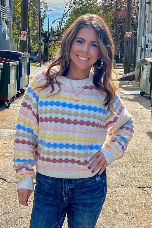 Long Sleeve Round Neck Textured Stripe Sweater-Multi