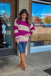 Mock Neck Waffle Texture Pullover Sweater-Beige/Magenta
