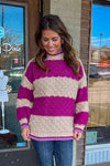 Mock Neck Waffle Texture Pullover Sweater-Beige/Magenta