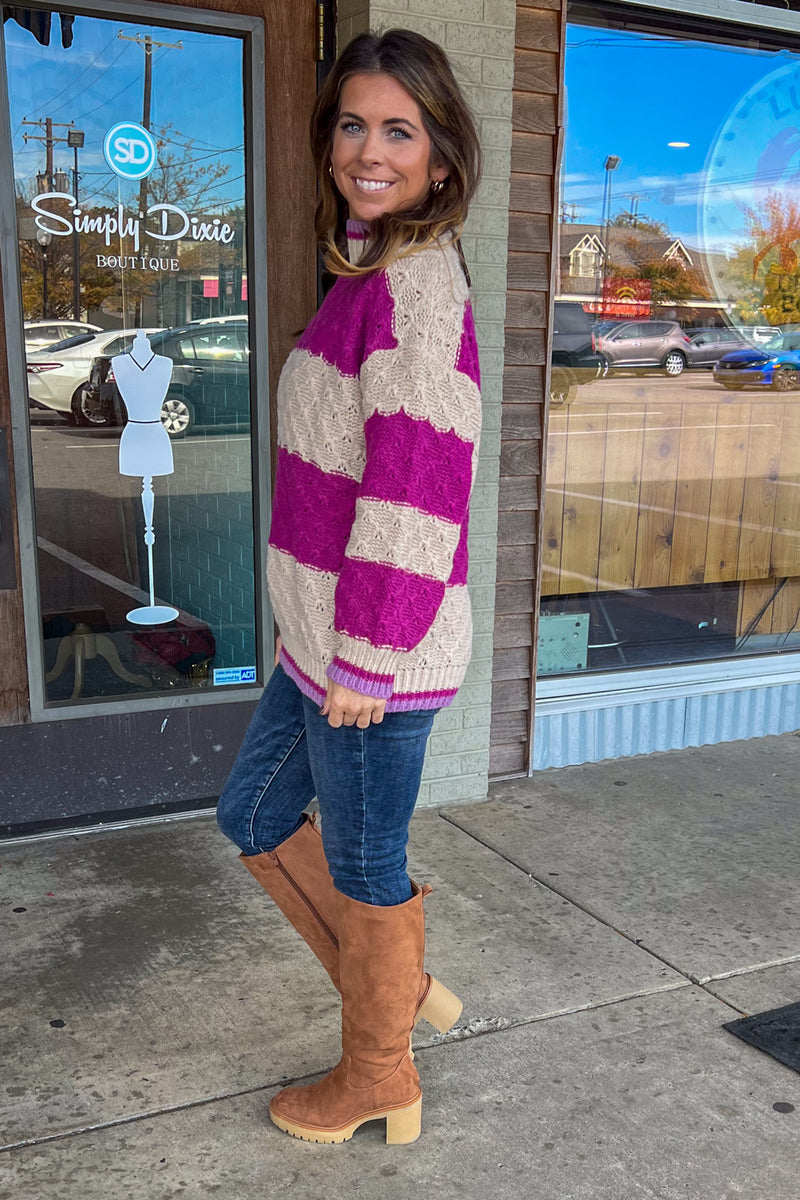 Mock Neck Waffle Texture Pullover Sweater-Beige/Magenta