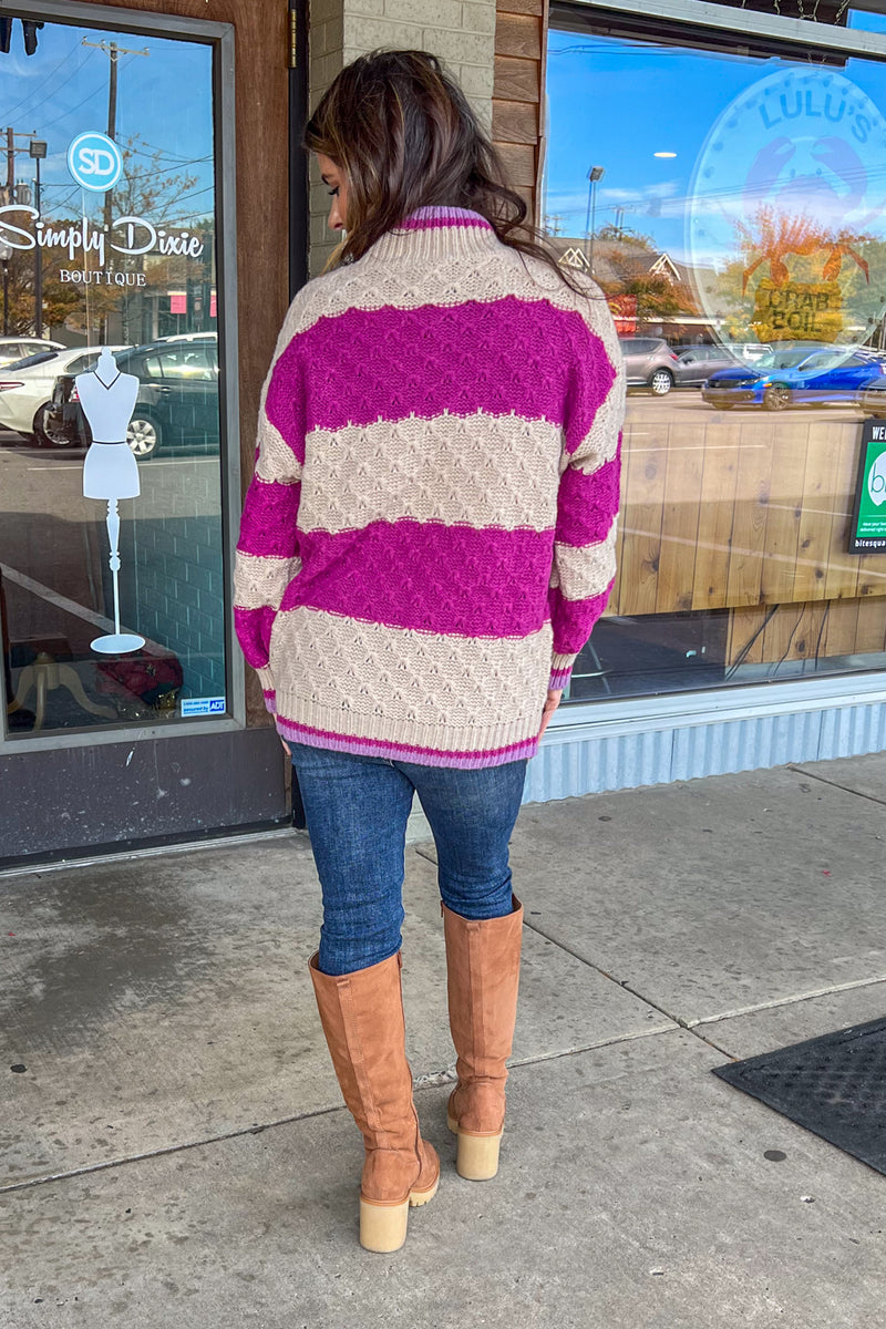 Mock Neck Waffle Texture Pullover Sweater-Beige/Magenta